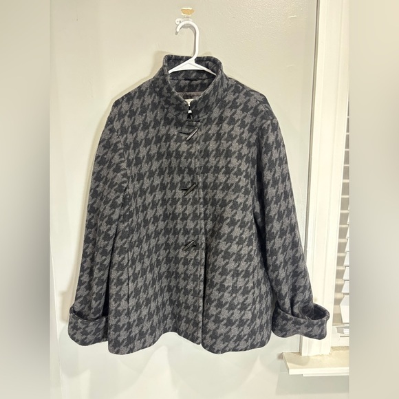 Cinzia Rocca Due Womens Wool Pea Coat Toggle Up Houndstooth Gray Black US 10 - Picture 1 of 10